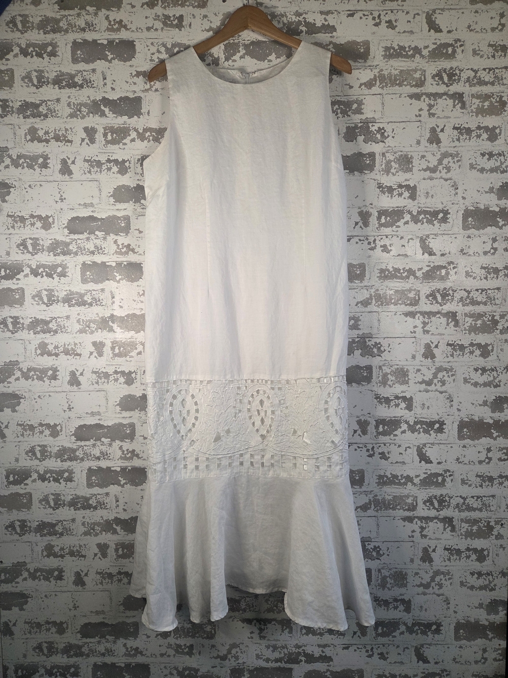 La Rea Collection White Linen Cutwork Embroidered Drop Waist Maxi Dress M